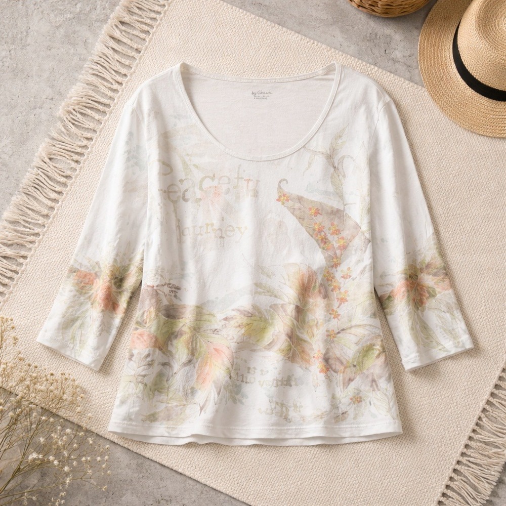 Chico's 3 White Tan Floral Leaves Beaded 3/4 Sleeve Scoop Neck Top T-Shirt XL